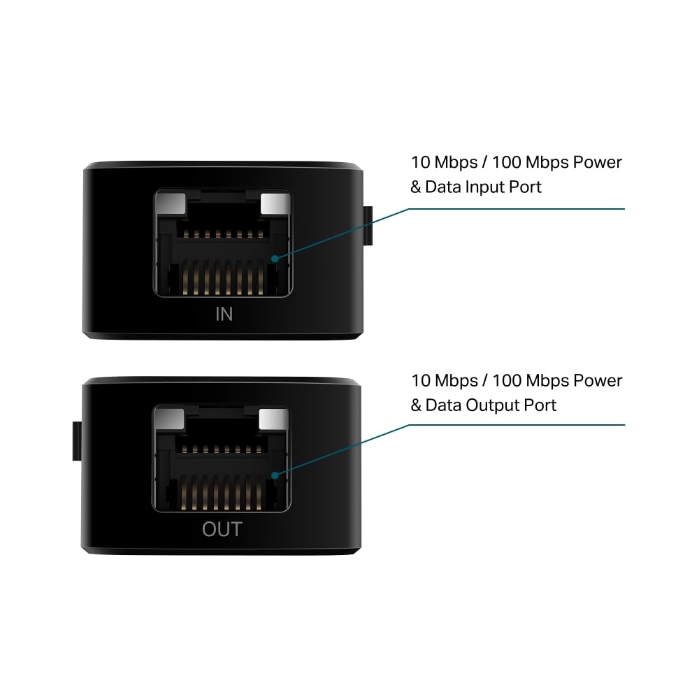 TP-LINK Omada Fast Ethernet PoE+ Extender 1x 10/100 Mbps RJ45 PoE IN Port 1x 10/100 Mbps RJ45 PoE OUT Port