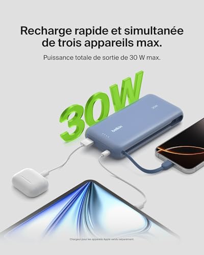 BELKIN 20k PD30w Integrated USB-C Cable Power Bank Blue