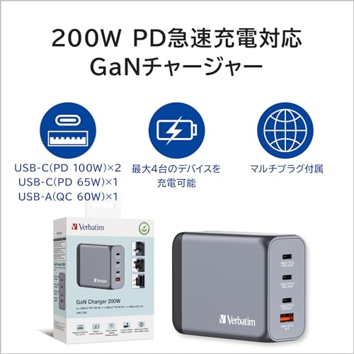 VERBATIM GNC-200 GAN CHARGER 4 PORT 200W USB A/C EU/UK/US WCF (P)