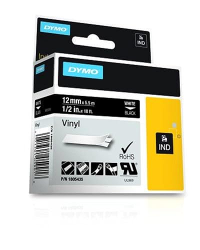 DYMO Etiquette Rhino vinyle blanc sur noir 12 mm x 5,5 m