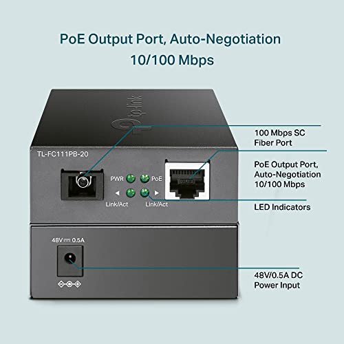 TP-LINK 10/100 Mbps RJ45 to 100 Mbps Single-mode SC WDM Bi-Directional Fiber Converter With 1-Port PoE