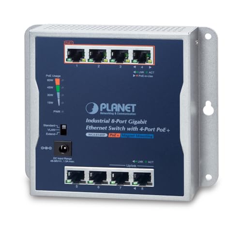 PLANET P30 Industrial 8-Port Non-géré Connexion Ethernet, supportant l'alimentation via ce port (PoE) Bleu, Gris