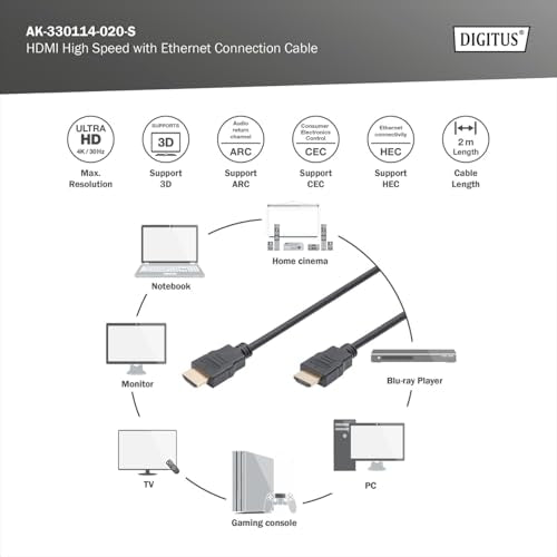 Digitus AK-330114-020-S Câble HDMI Haute Vitesse avec Ethernet 2m Noir