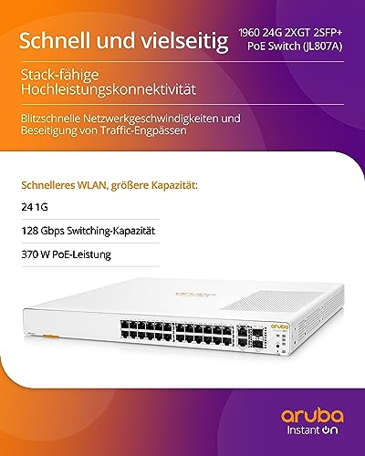 HPE Aruba Instant On 1960 Smart 24G 2XT 2XF PoE+ 370W Switch
