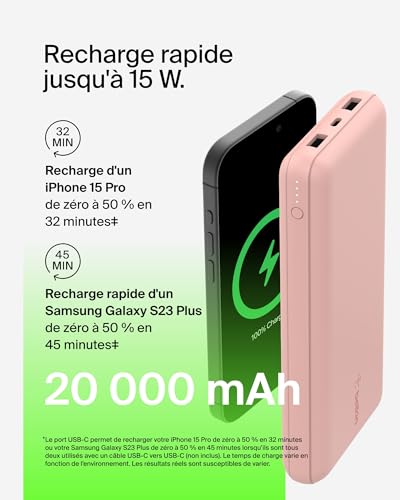 BELKIN Powerbank 20K 15W USB-C cable inclus + 2 USB-A Rose