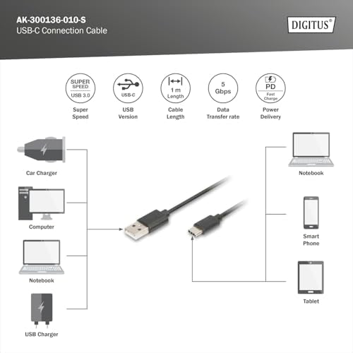 Digitus AK-300136-010-S câble USB USB 3.2 Gen 1 (3.1 Gen 1) 1 m USB C USB A Noir