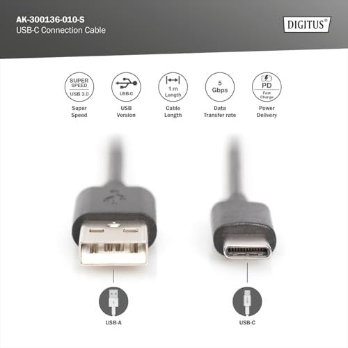 Digitus AK-300136-010-S câble USB USB 3.2 Gen 1 (3.1 Gen 1) 1 m USB C USB A Noir