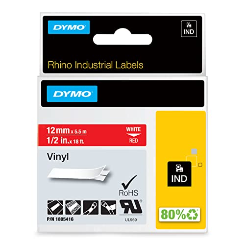 DYMO Rhino Etiquette indus Vinyle 12mm x 5,5m blanc sur roug