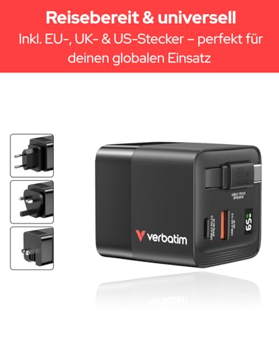 VERBATIM GAN CHARGER 65W 2 PORT RETR CABLE US/EU/UK ADP WCF (P)