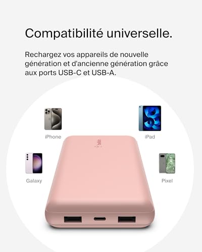 BELKIN Powerbank 20K 15W USB-C cable inclus + 2 USB-A Rose