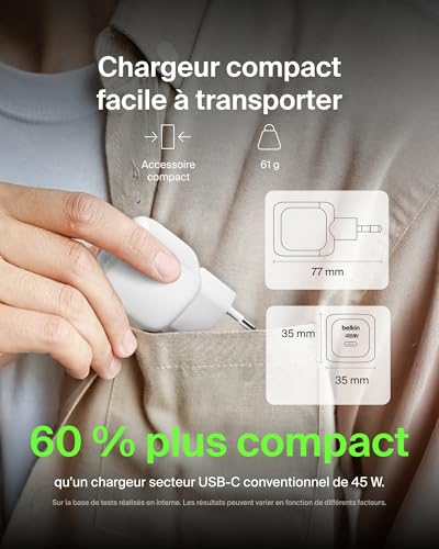 BELKIN 45W USB PD Wall Charger with PPS WHT w/ 1m 3aMP PVC C-C Cable