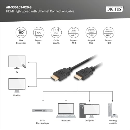 Digitus AK-330107-020-S Câble HDMI Haute Vitesse Ethernet 2m Noir Résolution 4K