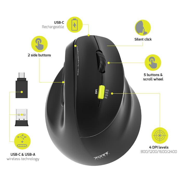 PORT DESIGNS Mouse Ergonomic Rechargeable Bluetooth Right Hand