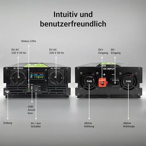 Green Cell Przetwornica napicia PowerInverter LCD 12 V 2000W/40000W Przetwornica samochodowa z wywietlaczem - czysty sinus adaptateur de puissance & onduleur Au