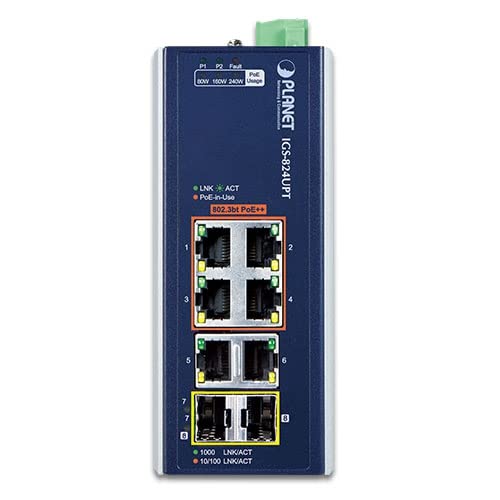 PLANET IP30 Industrial 4-Port Non-géré Gigabit Ethernet (10/100/1000) Connexion Ethernet, supportant l'alimentation via ce port (PoE) Bleu, Blanc