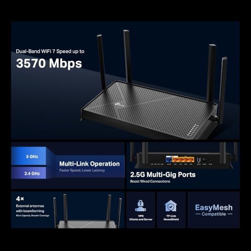 TP-LINK Archer BE230 BE3600 Dual-Band Wi-Fi 7 Router 688 Mbps at 2.4GHz + 2882Mbps at 5GHz 4x Antennas