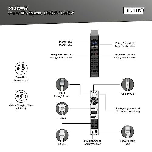 Digitus DN-170093 alimentation d'énergie non interruptible Double-conversion (en ligne) 1,5 kVA 8 sortie(s) CA