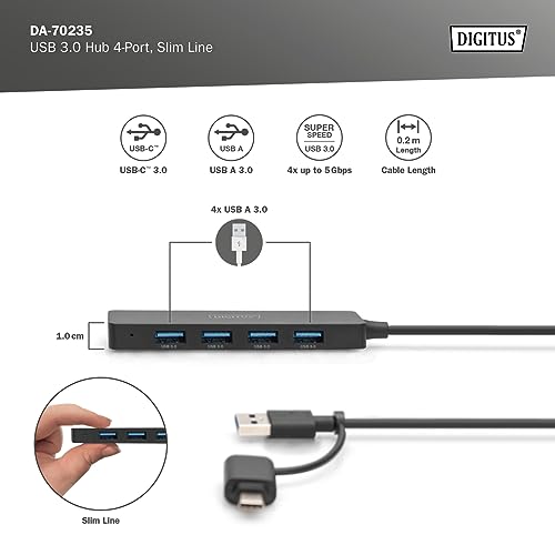 Digitus DA-70235 hub & concentrateur USB 3.2 Gen 1 (3.1 Gen 1) Type-A + Type-C 12000 Mbit/s Noir