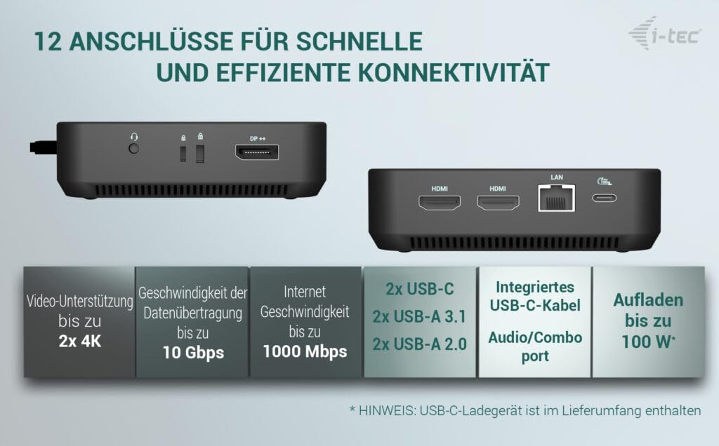 I-TEC USB-C DS 2 x HDMI 1x DP 1x GLAN 1x USB-C 3.2 3x USB-A 3.2 2x USB 2.0 1x 3.5mm Audio/Mic 1x 100W USB-C Power Delivery + Charger