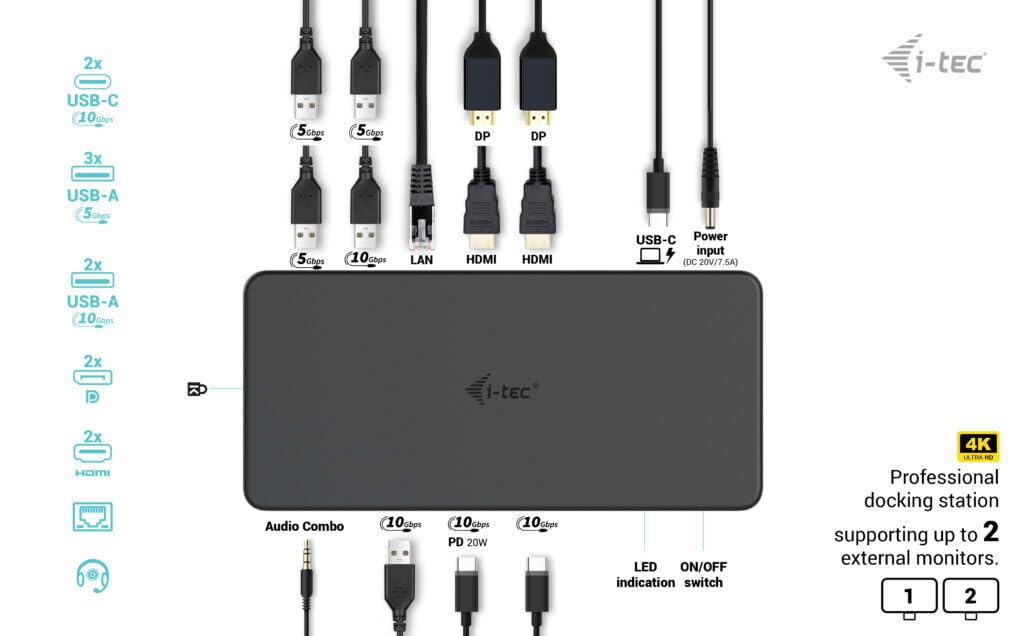 I-TEC USB 3.0 USB-C Thunderbolt 3 Professional Dual 4K Display Docking Station Generation 2 + Power Delivery 100W