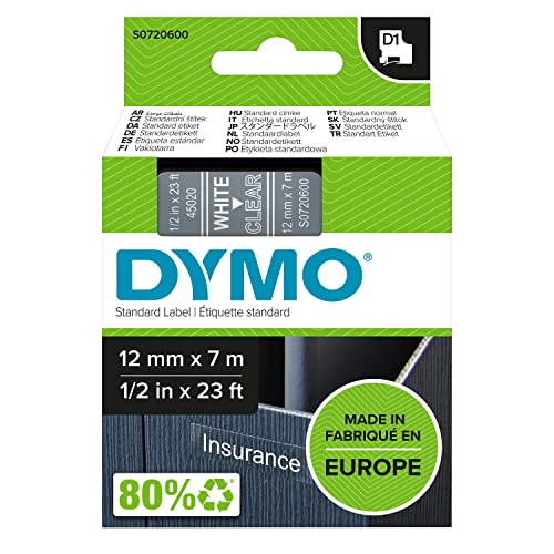 DYMO D1 Ruban d étiquette, 12 mm x 7 m, blanc/noir