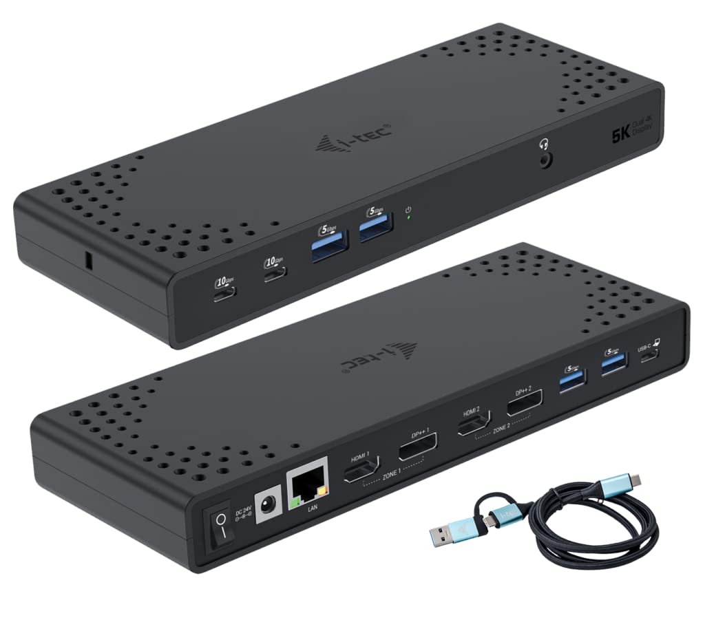 I-TEC USB 3.0/USB-C/Thunderbolt 3 Dualdock 1x5K 2x4K 60Hz 2xDP 2xHDMI 1xGLAN 4xUSB 3.2 2xUSB-C 3.2 Gen.2 1xAudio/Mic Jack PD 100W KL