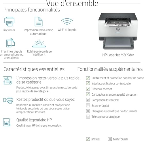 HP LaserJet M209dw Printer Mono B/W Duplex laser A4 600x600dpi 29ppm capacity: 150 sheets USB 2.0 LAN Wi-Fi Bluetooth LE