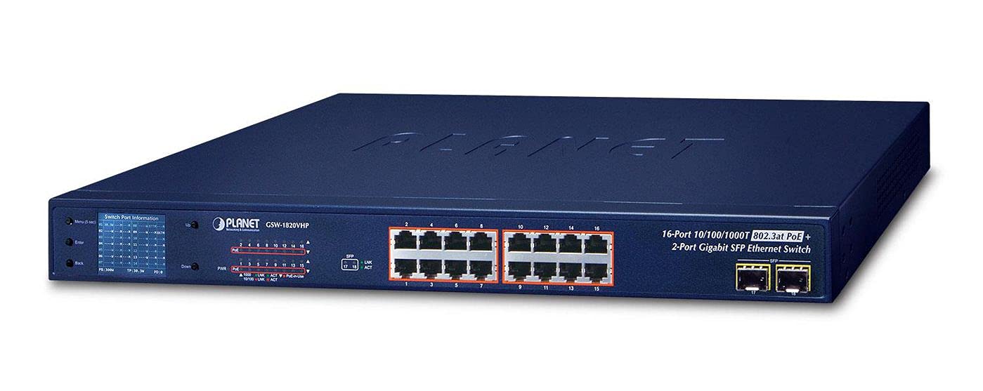 PLANET GSW-1820VHP commutateur réseau Non-géré Gigabit Ethernet (10/100/1000) Connexion Ethernet, supportant l'alimentation via ce port (PoE) 1U Bleu