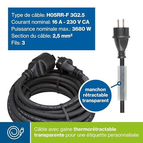 Rallonge secteur tripolaire noire 2,5 mm2 - 15,0 m
