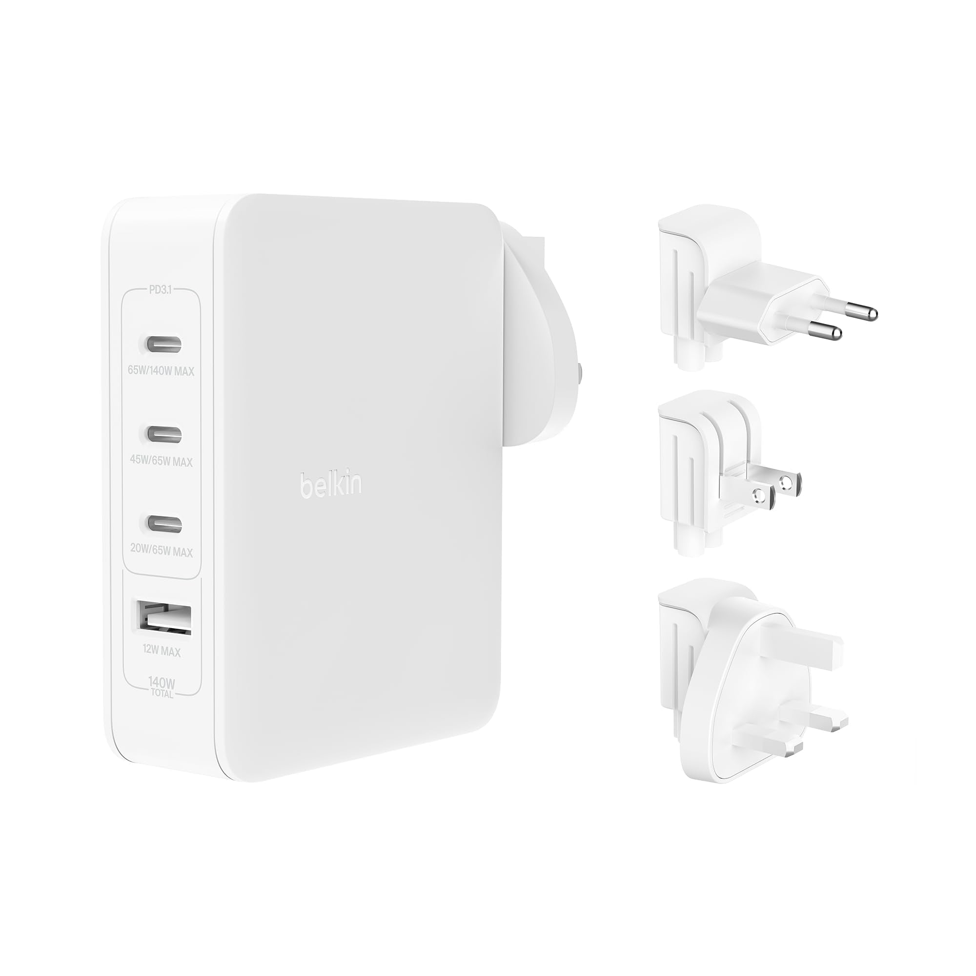 BELKIN PD 140W GAN Wall Charger White With UK+EU+US Plug
