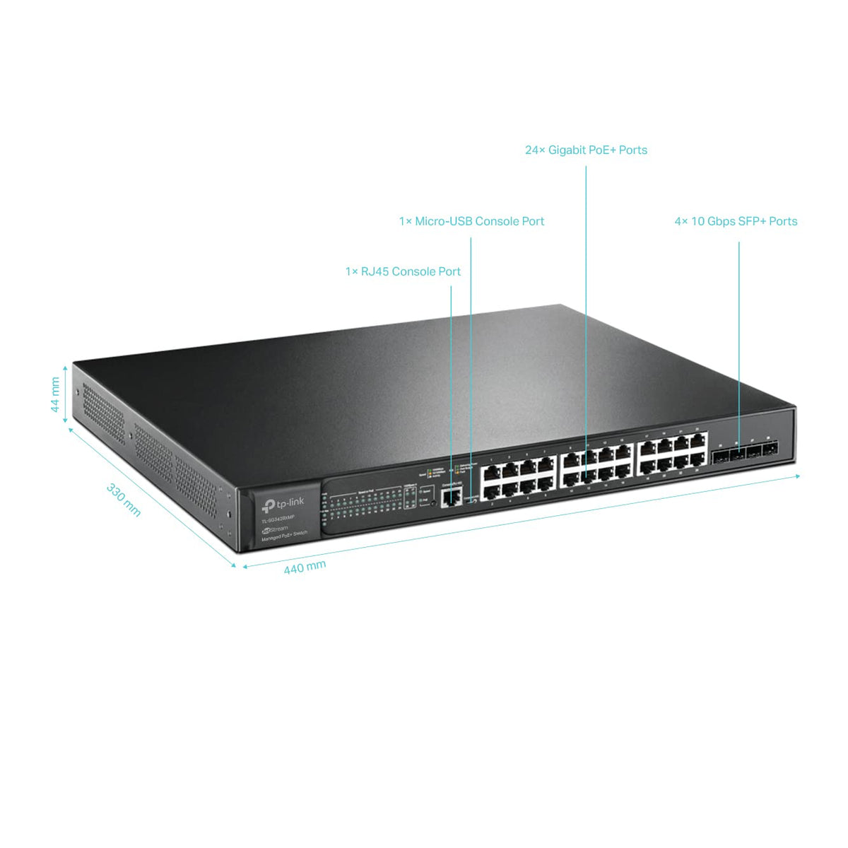 TP-Link JetStream TL-SG3428XMP commutateur réseau Géré L2+ Gigabit Ethernet (10/100/1000) Connexion Ethernet, supportant l'alimentation via ce port (PoE) 1U Noi