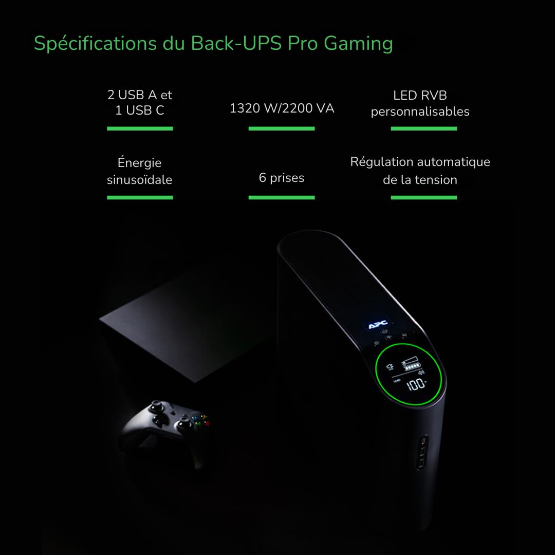 APC Back-UPS Pro UPS tower RGB lights AC 230V 1320Watt 2200VA 1-phase output connectors 6 Black midnight