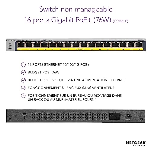 NETGEAR GS116LP SWITCH 16 PORTS GIGABIT POE+ 76W