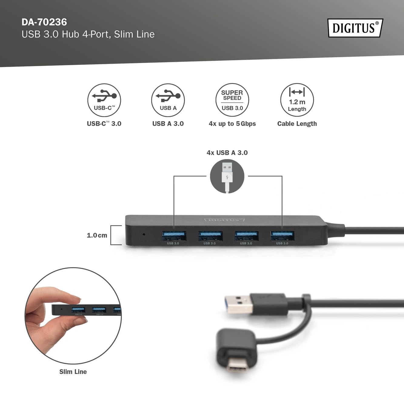 Digitus DA-70236 hub & concentrateur USB 3.2 Gen 1 (3.1 Gen 1) Type-A + Type-C 12000 Mbit/s Noir