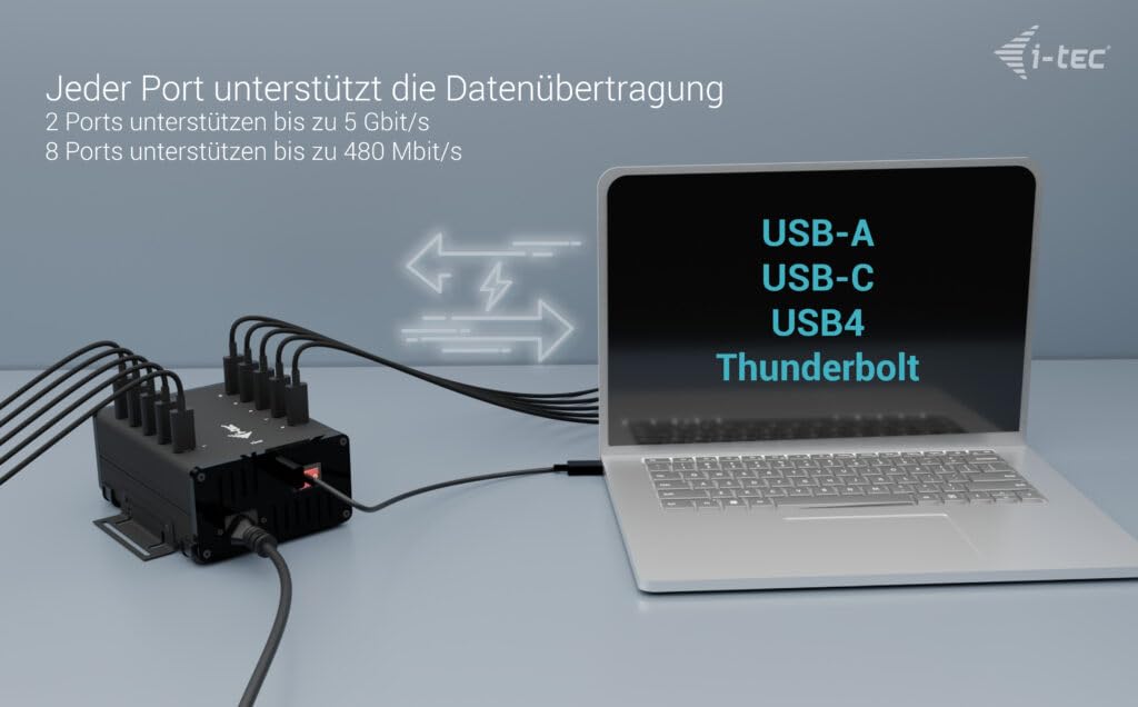 I-TEC USB-C/USB-A Metal Charging+Data HUB 15W per port 10x USB-C integrated power adapter 180W