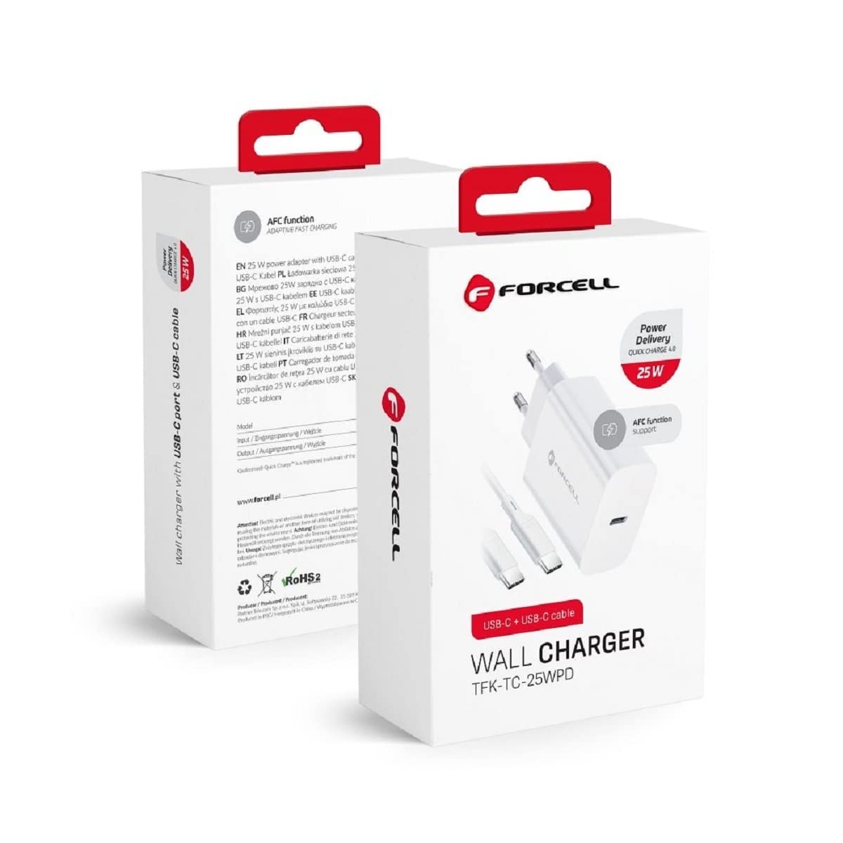 Forcell - Chargeur Secteur complet (Adaptateur Type C 25W & Câble Type-C vers Type-C Détachable, 1m, Blanc) Emballage Original