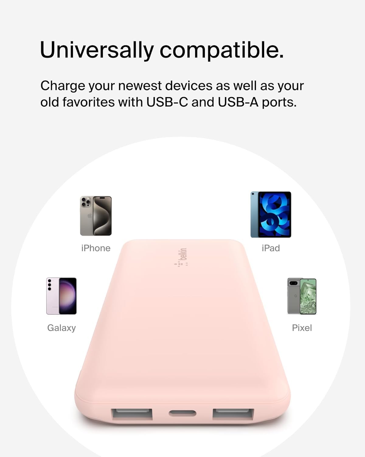 BELKIN Batterie externe 3 ports 10K avec câble USB-A vers USB-C rose