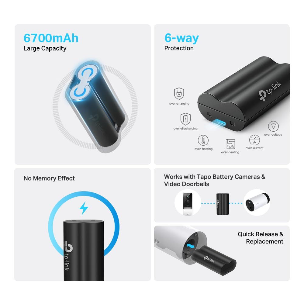 TP-LINK Tapo Battery Pack 3.6V 6700mAh 24.12Wh 1x Micro USB Port Rechargeable Battery Works with Tapo Battery Camera & Doorbell
