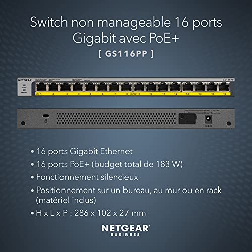 NETGEAR GS116PP SWITCH 16 PORTS GIGABIT POE+ 183W