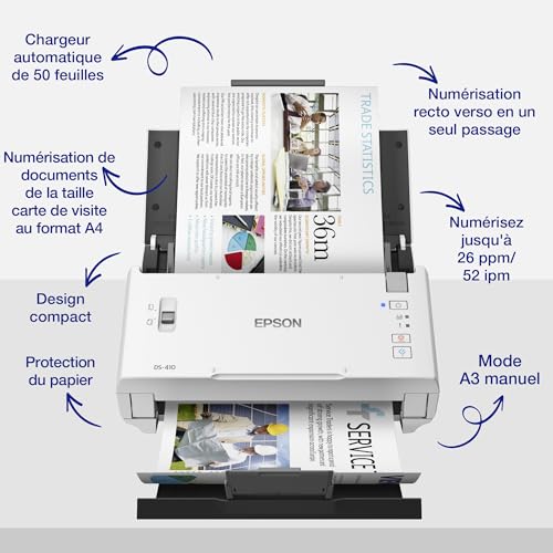EPSON WorkForce DS-410 Document scanner Contact Image Sensor CIS Duplex A4 600x600dpi 26ppm ADF 50sheets 3000scans/d USB 2.0