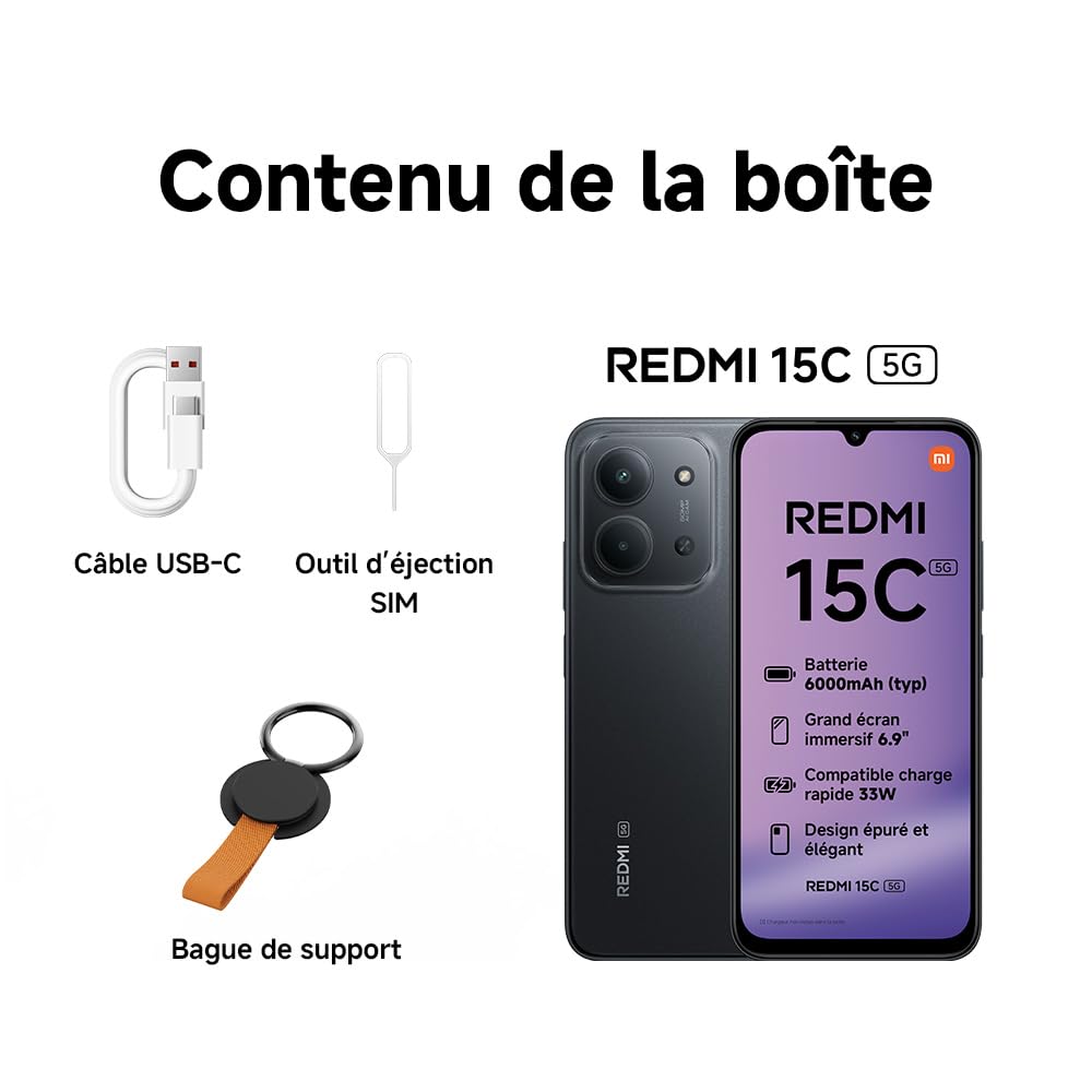 Xiaomi Redmi 15C 5G (6.9'' - 128 Go, 4 Go RAM) Noir
