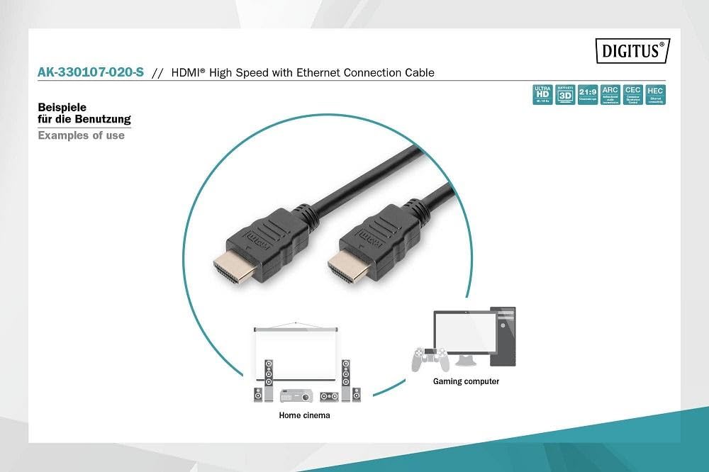 Digitus AK-330107-020-S Câble HDMI Haute Vitesse Ethernet 2m Noir Résolution 4K