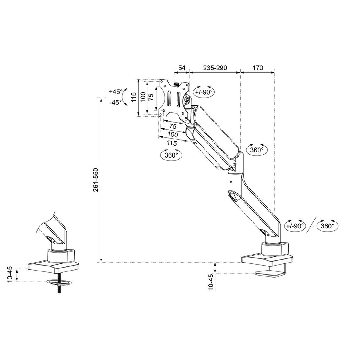 NEOMOUNTS DS70PLUS-450WH1 Support décran à fixer 17-49p - ressort à gaz - Topfix - arrêt 180