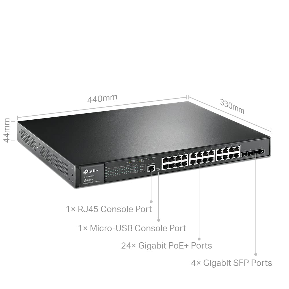 TP-Link JetStream TL-SG3428MP commutateur réseau Géré L2+ Gigabit Ethernet (10/100/1000) Connexion Ethernet, supportant l'alimentation via ce port (PoE) 1U Noir