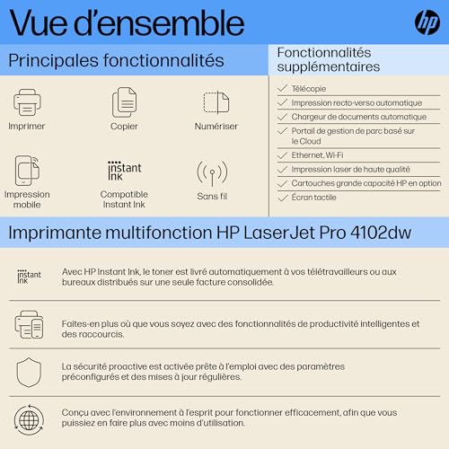 HP LaserJet Pro MFP 4102dw MFP Mono laser A4 38ppm Copy 40ppm Print 350sheets LAN Imprimante Wi-Fi USB Bluetooth