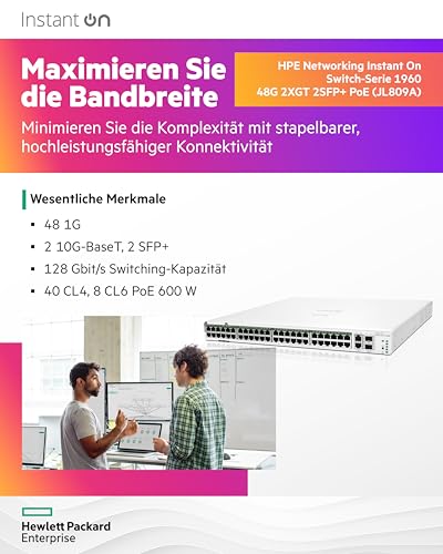 HPE Networking Instant On 1960 48G 40p Class4 8p Class6 PoE 2XGT 2SFP+ 600W Switch Commutateur Géré 48 x 10/100/1000