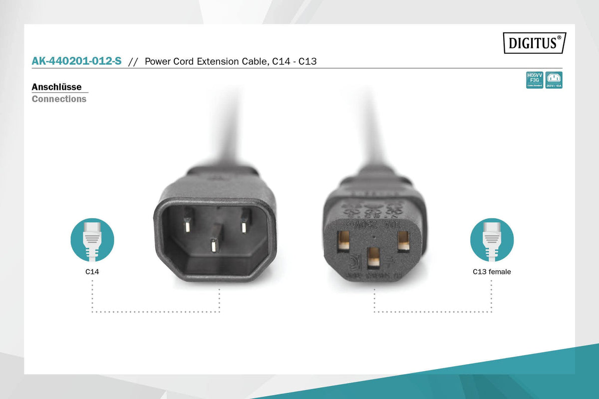 DIGITUS Rallonge d'alimentation - 1,2 m - IEC C14 - IEC C13 - H05VV-F3G - 250 V - 10 A