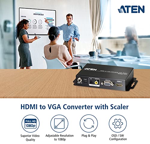 "ATEN Convertisseur HDMI-VGA avec convertisseur de format d’image - Convertisseur vidéo scaler - Noir - Métal - 1920 x 1200 pixels - 800 x 600,1024 x 768,1280 x "