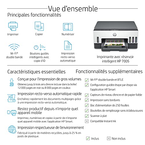 HP Smart Tank 7005 All-in-One MFP colour inkjet refillable A4 15ppm Print 250sheets USB Bluetooth imprimante Wi-Fi multifonction