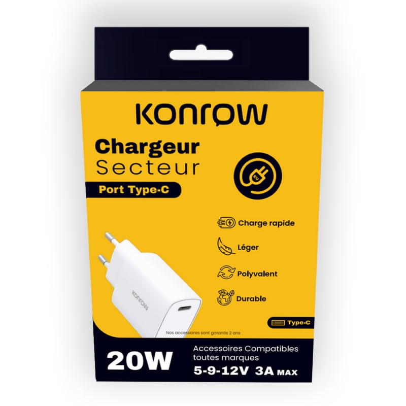 Konrow KC20CW - Adaptateur Secteur USB Type C - Charge rapide 20W - Blanc (Blister)